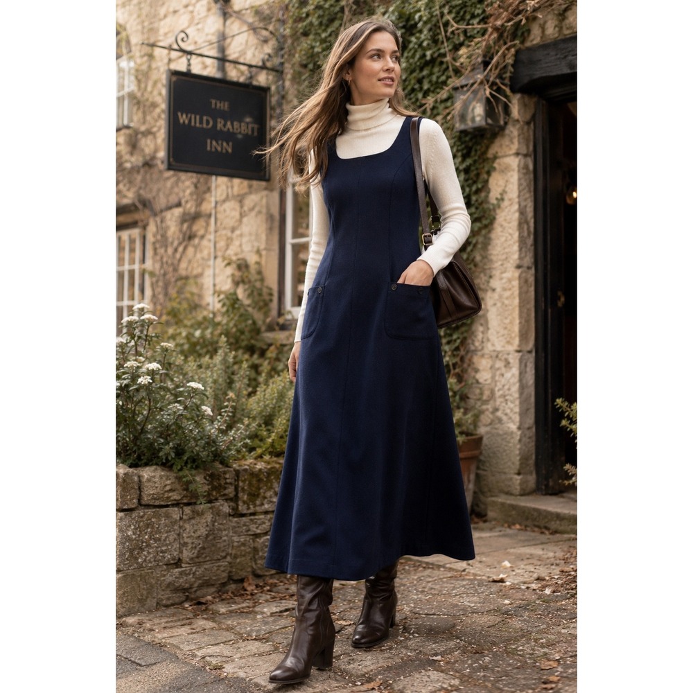 Laura Ashley Navy Maxi Pinafore Dress with Pockets